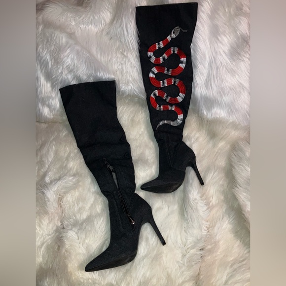 CAPE ROBBIN BLACK DENIM SNAKE THIGH-HIGH BOOTS! - Picture 9 of 15